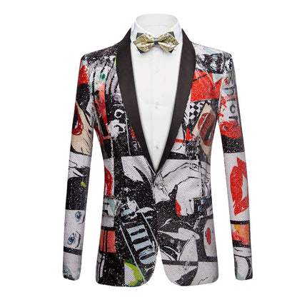 Men's Fashion Graffiti Blazer Sequined Embroidered Jacket 2 style Tuxedo sweetearing White48R Tuxedos, Formalwear, Wedding suits, Business suits, Slim-fit suits, Classic suits, Black-tie attire, Dinner jackets, Prom suits