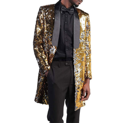 Men's Reversible Two-Tone Sequins Shawl Collar Long Coat 5 Color Sequin Jackets sweetearing GoldSiliver40R Tuxedos, Formalwear, Wedding suits, Business suits, Slim-fit suits, Classic suits, Black-tie attire, Dinner jackets, Prom suits