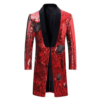 Men's Reversible Two-Tone Sequins Shawl Collar Long Coat 5 Color Sequin Jackets sweetearing RedBlack46R Tuxedos, Formalwear, Wedding suits, Business suits, Slim-fit suits, Classic suits, Black-tie attire, Dinner jackets, Prom suits