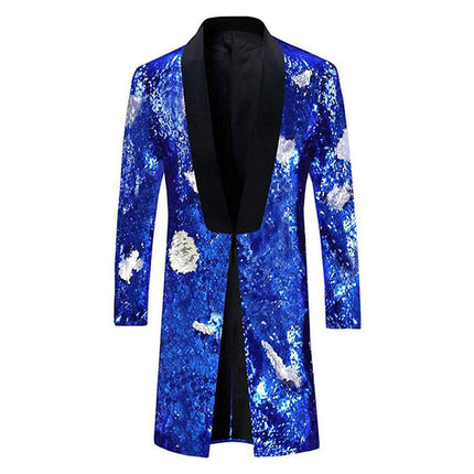 Men's Reversible Two-Tone Sequins Shawl Collar Long Coat 5 Color Sequin Jackets sweetearing Navy46R Tuxedos, Formalwear, Wedding suits, Business suits, Slim-fit suits, Classic suits, Black-tie attire, Dinner jackets, Prom suits