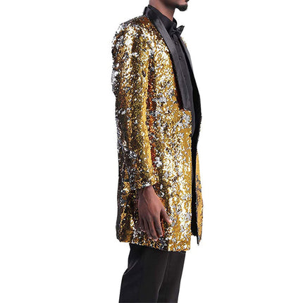 Men's Reversible Two-Tone Sequins Shawl Collar Long Coat 5 Color Sequin Jackets sweetearing  Tuxedos, Formalwear, Wedding suits, Business suits, Slim-fit suits, Classic suits, Black-tie attire, Dinner jackets, Prom suits