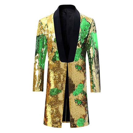 Men's Reversible Two-Tone Sequins Shawl Collar Long Coat 5 Color Sequin Jackets sweetearing GoldGreen46R Tuxedos, Formalwear, Wedding suits, Business suits, Slim-fit suits, Classic suits, Black-tie attire, Dinner jackets, Prom suits