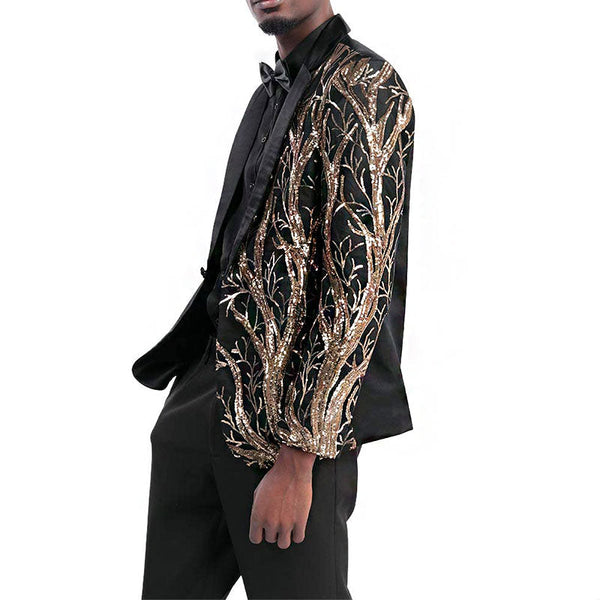 Men's 2-Pieces Branch Embroidered Sequin Jacket 2 Pieces Suit sweetearing GoldBlackXXL Tuxedos, Formalwear, Wedding suits, Business suits, Slim-fit suits, Classic suits, Black-tie attire, Dinner jackets, Prom suits