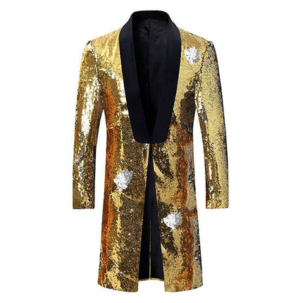 Men's Reversible Two-Tone Sequins Shawl Collar Long Coat 5 Color Sequin Jackets sweetearing GoldSiliver46R Tuxedos, Formalwear, Wedding suits, Business suits, Slim-fit suits, Classic suits, Black-tie attire, Dinner jackets, Prom suits