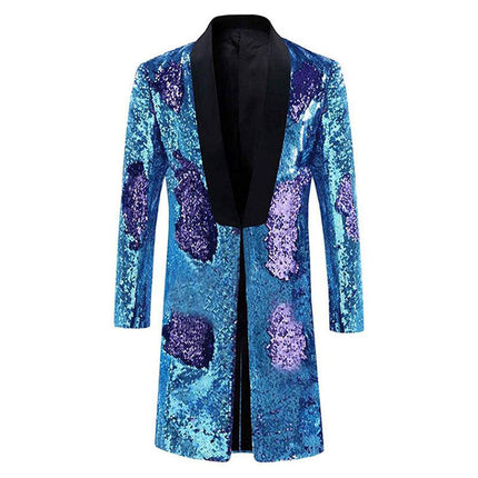 Men's Reversible Two-Tone Sequins Shawl Collar Long Coat 5 Color Sequin Jackets sweetearing Blue46R Tuxedos, Formalwear, Wedding suits, Business suits, Slim-fit suits, Classic suits, Black-tie attire, Dinner jackets, Prom suits