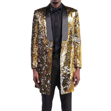 Men's Reversible Two-Tone Sequins Shawl Collar Long Coat 5 Color Sequin Jackets sweetearing GoldSiliver44R Tuxedos, Formalwear, Wedding suits, Business suits, Slim-fit suits, Classic suits, Black-tie attire, Dinner jackets, Prom suits