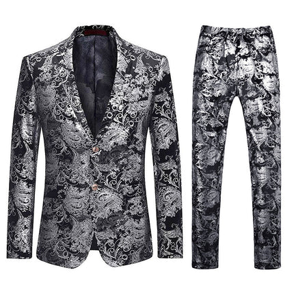 Men's Metallic Floral Print Tuxedo 2-Piece Suits 4 Color Tuxedo sweetearing Silver3XL Tuxedos, Formalwear, Wedding suits, Business suits, Slim-fit suits, Classic suits, Black-tie attire, Dinner jackets, Prom suits
