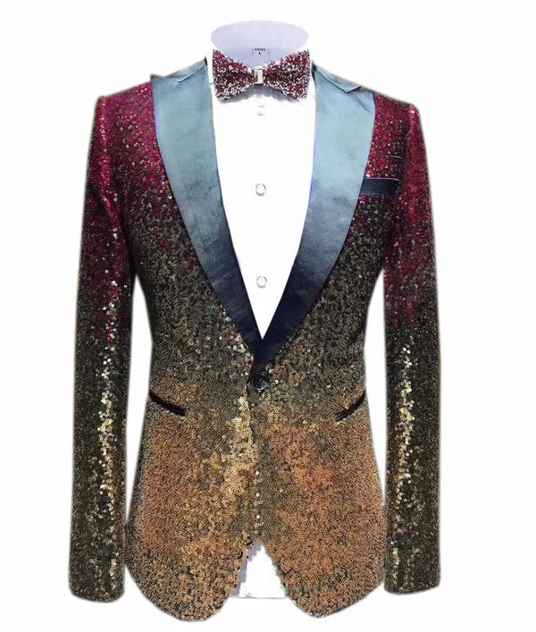 Men Fashion Gradual Change Color Sequins Tuxedos Suit Peak Lapel Blazer blazer sweetearing 3XLBurgundy-GoldRubber Tuxedos, Formalwear, Wedding suits, Business suits, Slim-fit suits, Classic suits, Black-tie attire, Dinner jackets, Prom suits