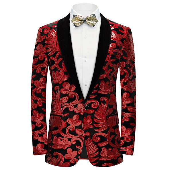 Men's Fashion Floral Tuxedo Velvet Sequin Jacket Red Tuxedo sweetearing Red48R Tuxedos, Formalwear, Wedding suits, Business suits, Slim-fit suits, Classic suits, Black-tie attire, Dinner jackets, Prom suits