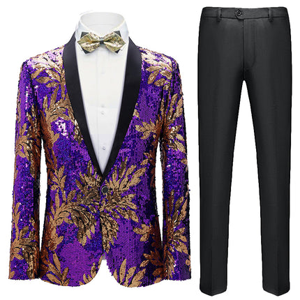 Men's Leaf Patterned Sequined Dinner Jacket 2 Color Tuxedo sweetearing Purple48R Tuxedos, Formalwear, Wedding suits, Business suits, Slim-fit suits, Classic suits, Black-tie attire, Dinner jackets, Prom suits