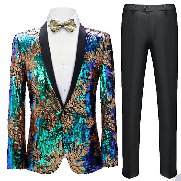 Men's Leaf Patterned Sequined Dinner Jacket 2 Color Tuxedo sweetearing Green48R Tuxedos, Formalwear, Wedding suits, Business suits, Slim-fit suits, Classic suits, Black-tie attire, Dinner jackets, Prom suits