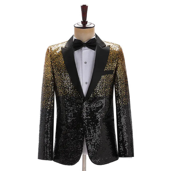Men Fashion Gradual Change Color Sequins Tuxedos Suit Peak Lapel Blazer blazer sweetearing 3XLBlack-GoldRubber Tuxedos, Formalwear, Wedding suits, Business suits, Slim-fit suits, Classic suits, Black-tie attire, Dinner jackets, Prom suits
