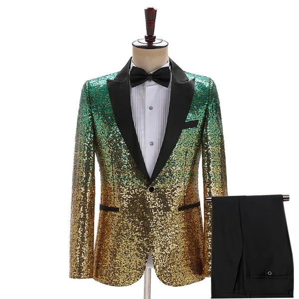 Men's Fashion Gradient Sequined Tuxedo Suit Peak lapel Men's Suit (Blazer + Vest + Pants+Bow tie) 3 pieces sweetearing 3XLGreen-Gold Tuxedos, Formalwear, Wedding suits, Business suits, Slim-fit suits, Classic suits, Black-tie attire, Dinner jackets, Prom suits