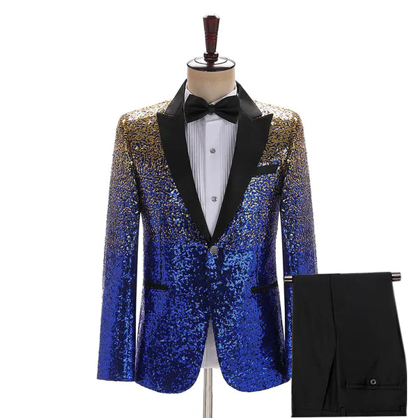Men's Fashion Gradient Sequined Tuxedo Suit Peak lapel Men's Suit (Blazer + Vest + Pants+Bow tie) 3 pieces sweetearing 3XLGold-RoyalBlue Tuxedos, Formalwear, Wedding suits, Business suits, Slim-fit suits, Classic suits, Black-tie attire, Dinner jackets, Prom suits