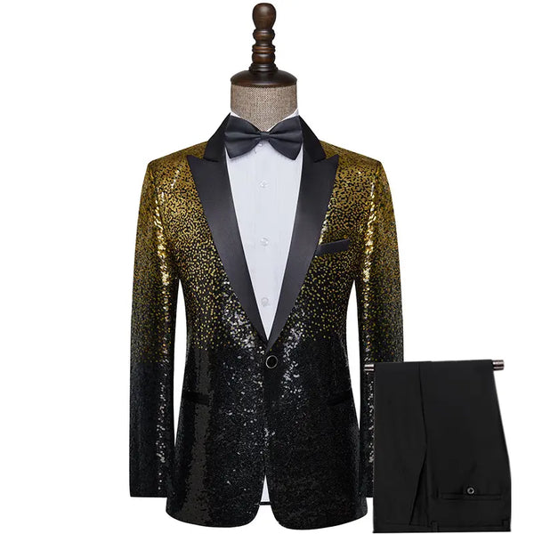 Men's Fashion Gradient Sequined Tuxedo Suit Peak lapel Men's Suit (Blazer + Vest + Pants+Bow tie) 3 pieces sweetearing 3XLBlack-Gold Tuxedos, Formalwear, Wedding suits, Business suits, Slim-fit suits, Classic suits, Black-tie attire, Dinner jackets, Prom suits