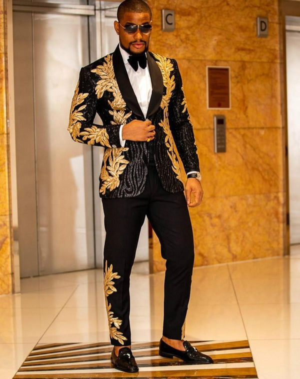 Men's 2-Piece Slim Fit Sequin Golden Leaves Embroidery Tuxedo 2 Pieces Suit sweetearing  Tuxedos, Formalwear, Wedding suits, Business suits, Slim-fit suits, Classic suits, Black-tie attire, Dinner jackets, Prom suits